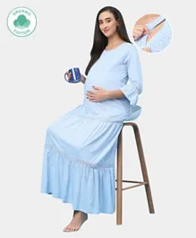 ECOMAMA 3/4th Sleeves Organic Healthy Maternity Nighty Dots Print - Blue