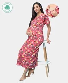 ECOMAMA Organic Healthy Half Sleeves Maternity Nighty Floral Print - Pink