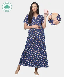 ECOMAMA Organic Healthy Half Sleeves Maternity Nighty Floral Print - Blue