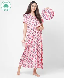 ECOMAMA Organic Healthy Cap Sleeves Maternity Nighty Leafy Print - Pink