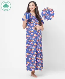 ECOMAMA Organic Cotton Short Sleeves Maternity Nighty Floral Print - Blue