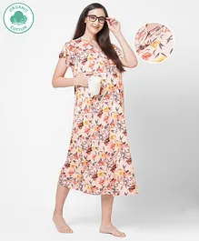 ECOMAMA Organic Cotton Short Sleeves Maternity Nursing Nighty Floral Print - Pink