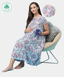 ECOMAMA Cap Sleeves Organic Healthy Maternity Nighty Floral Print - Blue