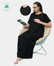 ECOMAMA Organic Cotton Half Sleeves Maternity Nursing Nighty - Black