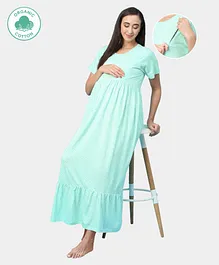ECOMAMA Organic Healthy Half Sleeves Maternity Nighty Dots Print - Blue