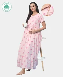 ECOMAMA Half Sleeves Organic Healthy Maternity Nighty Floral Print - Pink