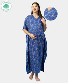 ECOMAMA Half Sleeves Organic Cotton Kaftan Style Lace Maternity Nighty Floral Printed - Blue