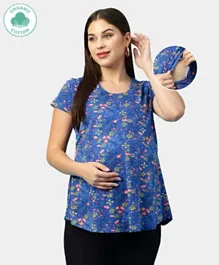 ECOMAMA Organic Healthy Cap Sleeves Lounge Maternity Top Floral Print - Blue