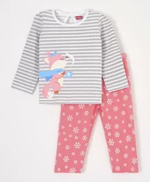 Babyhug Full Sleeves Stripe Night Suit Fox Print - Light Grey Pink