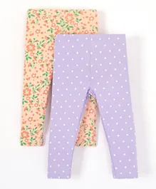 Babyhug Full Length Knit Leggings Floral & Polka Print Pack Of 2 - Peach Lilac Purple