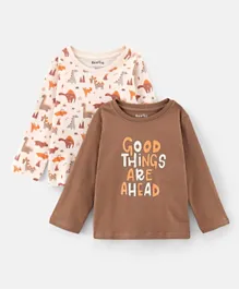 Bonfino Full Sleeves T-Shirts Text & Dino Print Pack Of 2 - Brown Pink