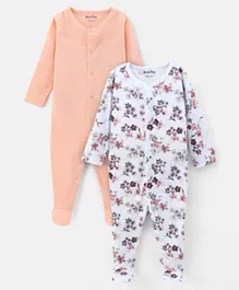Bonfino Cotton Full Sleeves Sleepsuits Solid & Floral Print Pack Of 2 - Orange White