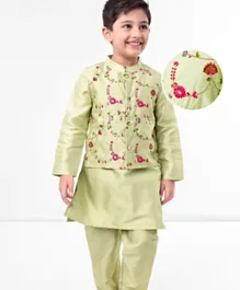 Earthy Touch Woven Full Sleeves Kurta & Pyjama Set With Waist Coat Floral Embroidered - Green