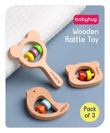 Babyhug Montessori Wooden Teething Rattle Toy Pack Of 3 - Multicolour