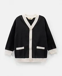 Primo Gino Cotton Front Open Sweater With Flower Shaped Pearl Buttons - Black