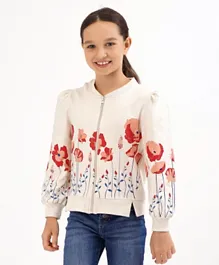 Primo Gino 100% Cotton Terry Front Open Sweatshirt with Placement Flower Print- Offwhite