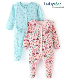 Babyoye Eco-Conscious Cotton with Eco-Jiva Finish Full Sleeves Sleep Suits Floral & Butterfly Print Pack of 2 - Blue & Pink