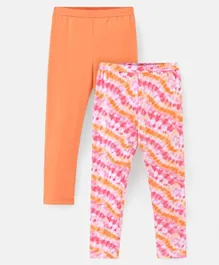 Pine Kids Ankle Length Solid & Tie Dye Print Leggings Pack Of 2 - White & Orange