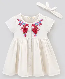 Bonfino 100% Rayon Half Sleeves Floral Embroidered Frock & Headband - Ivory