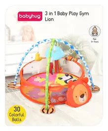 Babyhug 3-in-1 Colorful Play Gym Lion with Ball Pool, Hanging Toys & Mirror, 0-24 Months, L 87 x H 56 cm