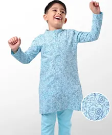 Earthy Touch 100% Cotton Knit Full Sleeves Kurta & Pajama Set Floral Print - Blue