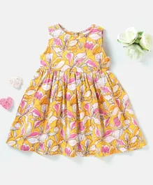 Babyhug Rayon Sleeveless Frock With Back Tie Knot Floral Print - Yellow