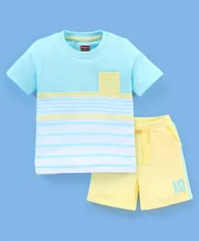 Babyhug 100% Cotton Knit Half Sleeves Striped T-Shirt & Shorts Set - Turquoise & Yellow