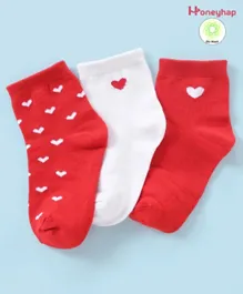 Honeyhap Premium Cotton Bamboo Ankle Length Antibacterial Terry Socks Heart Design Pack of 3 - Red & White