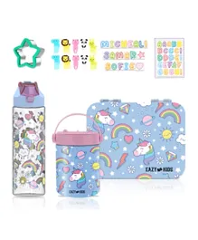 Eazy Kids Unicorn Bento Lunch Box With 2 in 1 Tritan Water Bottle and Steel Food Jar - Blue