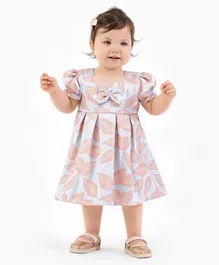 Bonfino Short Sleeves Jacquard Party Frock With Bow Leaf Embroidered - Blue