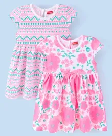 Babyhug 100% Cotton Knit Cap Sleeves Floral Printed Frocks Pack of 2 - Pink