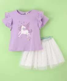 ToffyHouse Half Sleeves Top and Skirt Set Unicorn Print - Purple & White