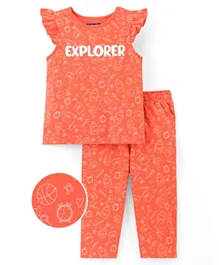 Pine Kids Cap Sleeves Explorer Printed Night Suit - Orange