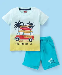 Babyhug 100% Cotton Half Sleeves T-Shirt & Shorts Set Bus Print- White & Blue