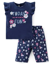 Babyhug Cotton Knit Frill Sleeves Capri Night Suit Floral Print- Navy Blue