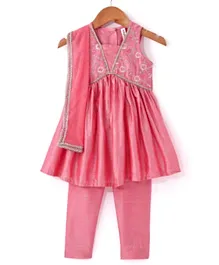 Babyhug Sleeveless Foil Printed Kurta With Pant And Dupatta Set With Embroidery Detailing- Pink