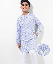 Earthy Touch 100% Cotton Knit Full Sleeves Kurta & Pyjama Set Floral Print - Blue & Off White