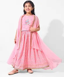 Earthy Touch 100% Cotton Knit Sleeveless Floral Embroidered Choli with Lehenga and Cape  - Pink