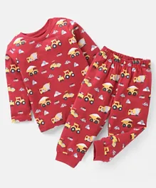 Babyhug Cotton Knit Full Sleeves Vehicles Print Night Suit - Red
