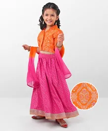 Earthy Touch 100% Cotton Knit Half Sleeves Choli With Lehenga & Dupatta - Pink & Orange