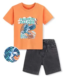 Ollington St. Half Sleeves T-Shirt & Stretchable Denim Shorts Set Falcon Print - Orange & Black