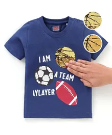 Babyhug Cotton Half Sleeves T-Shirt Football Print and Sequins  - Blue