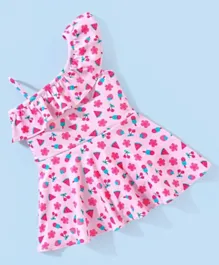 Babyhug Sleeveless Frock Style Singlet Swimsuit with Ruffle Detailing Fruity Print - Pink