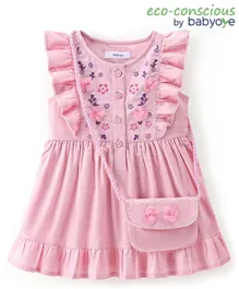Babyoye Eco Conscious  Cotton  Sleeveless Frock With Bag & Floral Embroidery- Pink