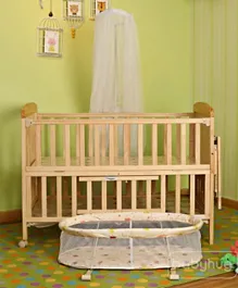 Babyhug Kelly Wooden Cot With Detachable Bassinet & Mosquito Net - Natural