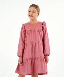 Primo Gino Corduroy Full Sleeves Solid Color Frock - Pink