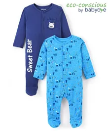 Babyoye 100%  Organic Cotton with Eco-Jiva Finish Full Sleeves Sleep Suits Animals Print Pack of 2 - Multicolor