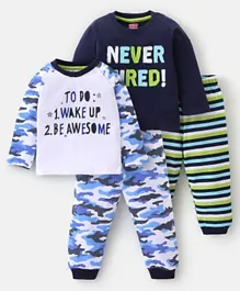 Babyhug Cotton Knit Full Sleeves Night Suit Stripes & Text Print Pack of 2 - White Blue & Green