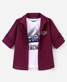 Pine Kids 100% Cotton Full Sleeves Check Shirt with Inner Tee - Maroon