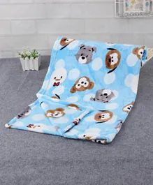 Babyhug Single Ply Mink Blanket Animal Faces Print - Blue